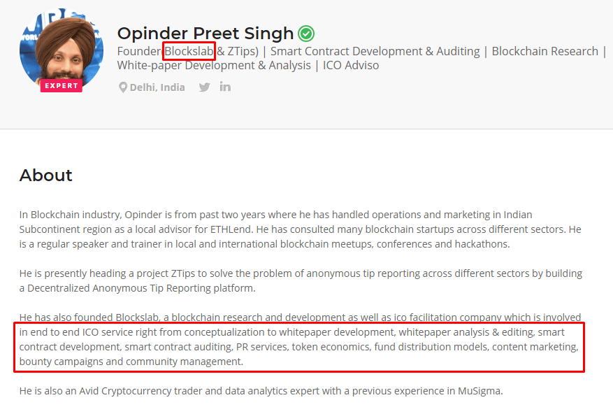 Opinder Preet Singh, експерт на ICObench